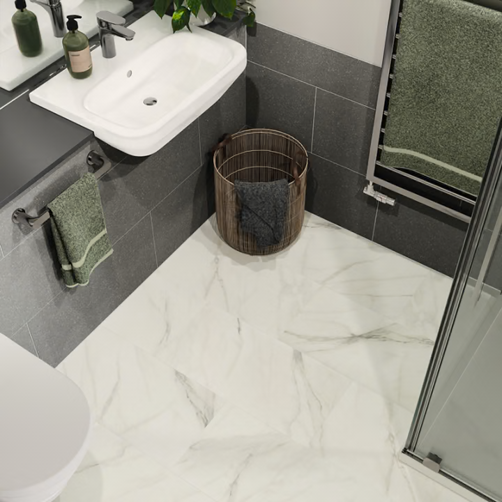 Bathroom setting with light marble flooring.