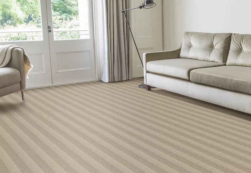 Striped carpet room setting with rofa